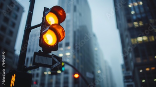 Close-up of a yellow traffic light with blurry city buildings in the background.