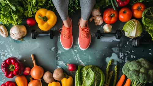 Fit young woman in workout with fresh, organic vegetables like carrots, kale, and tomatoes scattered around her feet, symbolizing a healthy lifestyle that combines exercise with a nutritious diet.