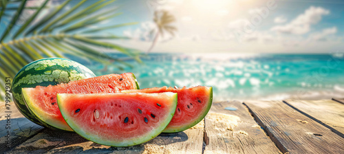 Sliced watermelon on the table on the tropical beach background