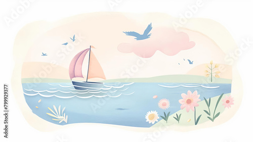 A delightful boat journey, featuring a cute vessel, the open ocean, and a flock of birds under a pastel sky, rendered in delightful watercolor shades, focusing on a peaceful and adventurous