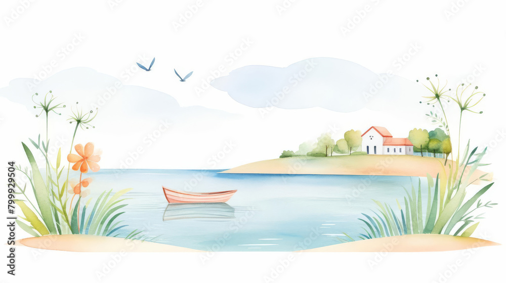 A charming depiction of a cute, colorful boat transporting passengers across a sparkling ocean, with birds escorting the journey and a bright sky above, illustrated in watercolor style