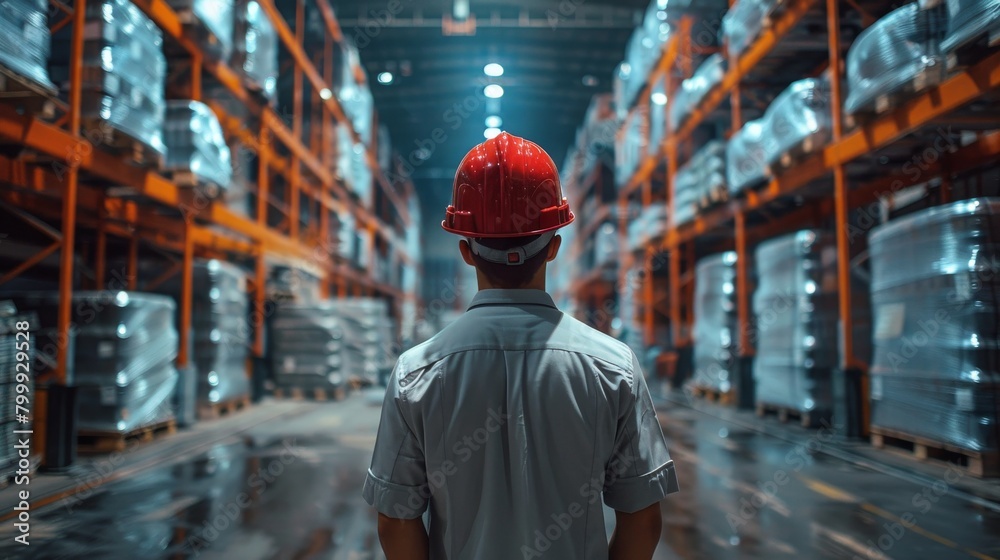 Engineer in a hard hat inspecting construction materials at a logistics center. Engineer in a hard hat inspecting construction materials at a logistics center.
