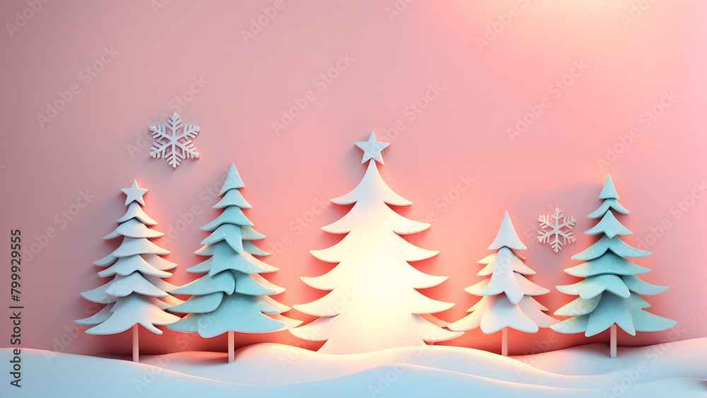 Obraz premium A Christmas tree with snow on it is surrounded by other trees