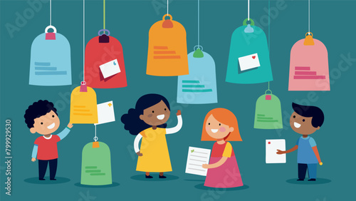 As each bell is completed children write their own personalized messages of freedom and equality on small tags to attach to their creations.. Vector illustration