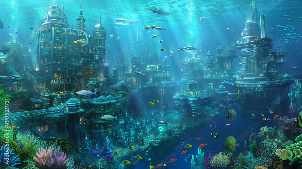  underwater cities powered by ocean thermal energy conversion and populated by marine biologists and researchers studying ocean ecosystems.