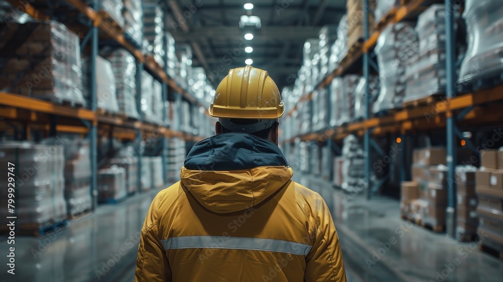 Engineer in a hard hat inspecting construction materials at a logistics center. Engineer in a hard hat inspecting construction materials at a logistics center.