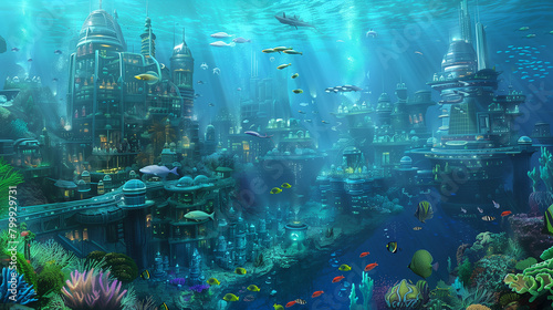  underwater cities powered by ocean thermal energy conversion and populated by marine biologists and researchers studying ocean ecosystems. © phairot