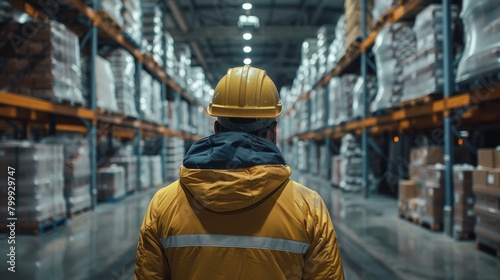Engineer in a hard hat inspecting construction materials at a logistics center.