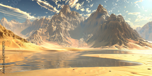 Melting icebergs and glaciers in as climate change concept illustration. Mountainous desert landscape with unique geological. 