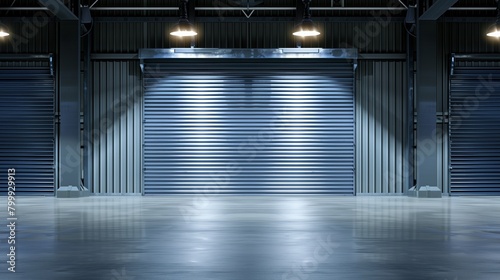 Modern industrial warehouse interior with closed metallic shutters under dim lighting. photo