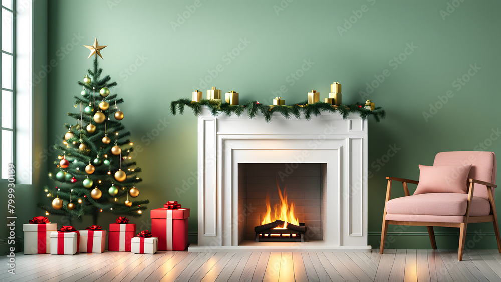 A cozy living room with a white fireplace and a Christmas tree A cozy living room with a white fireplace and a Christmas tree