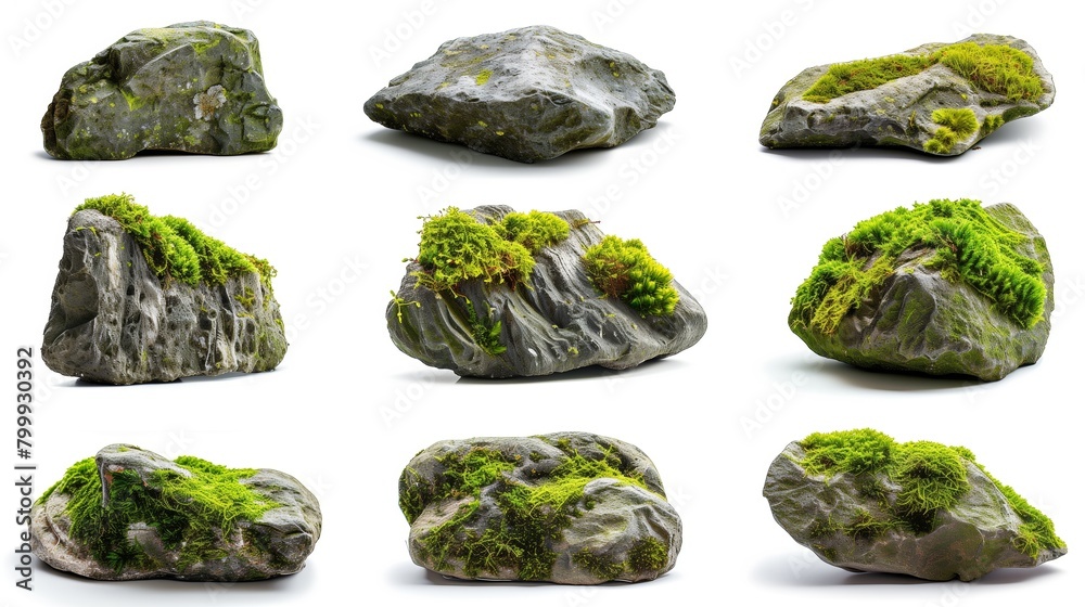 A collection of nine different rocks, each with varying amounts of moss, isolated on a white background. A collection of nine different rocks, each with varying amounts of moss, isolated on a white background.