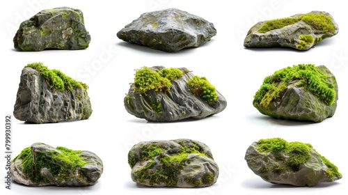 A collection of nine different rocks, each with varying amounts of moss, isolated on a white background.