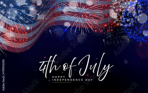 4th of July fireworks and flag, US Independence Day