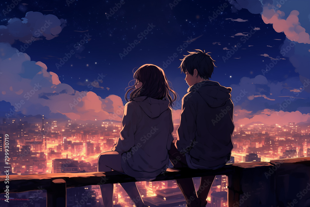 Fototapeta premium Young anime couple sitting together while looking at the sky