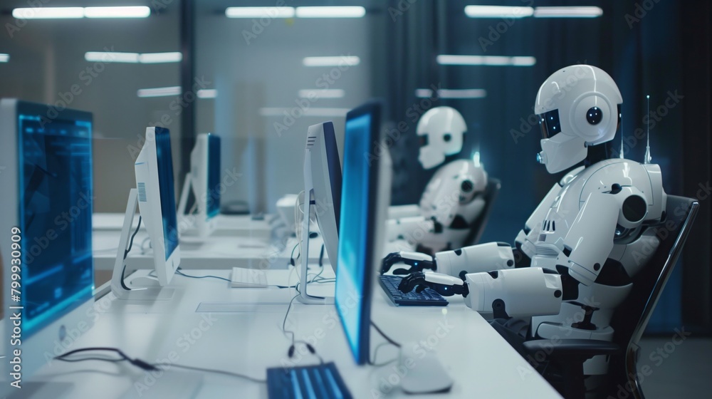 Futuristic robots seated at a desk and working on computers in a modern office setup.