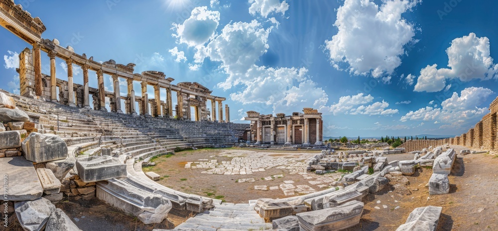 panoramic view of the ancient theater in turkey, blue sky with white clouds