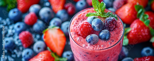 Closeup view of smoothies with fresh berries and fruits. Refreshment and healthy lifestyle concept. photo