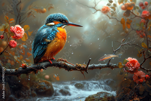 A colorful kingfisher perched on a branch over a babbling brook, its sharp beak poised to dive for a fish.