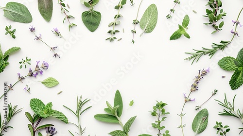 Rosemary, mint, lavender, marjoram, sage, lemon balm and thyme layout. Creative frame with fresh herbs on white background. Top view, flat lay. Healthy eating and alternative medicine concept photo