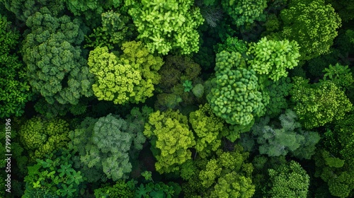 An aerial shot of a dense forest canopy, showcasing varying shades of green with intricate patterns made by tree crowns. © Cassova