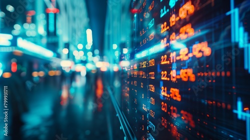 Dynamic stock market numbers displayed on futuristic digital screens with a blurred urban background. photo