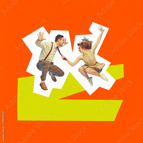Poster. Contemporary art collage. Young man and woman, in retro clothes jump dancing twist in motion. Concept of carefree, music rhythm, party, disco. Trendy magazine style. Comic. Ad © Lustre
