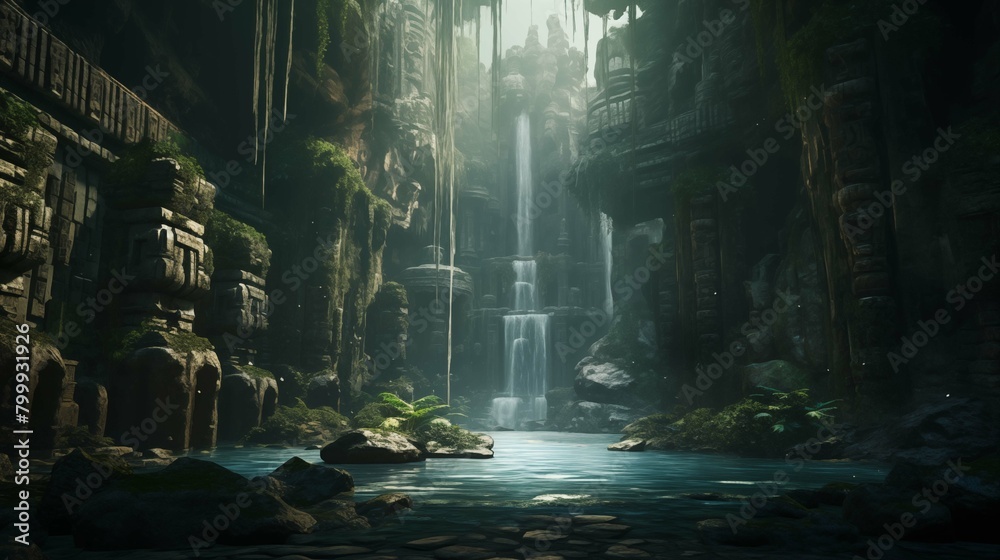 Tranquil waterfall temple ruins shrouded in mist illustration. Enigmatic structures. Ancient architecture wallpaper scene artwork. Serene ambiance background image digital art concept