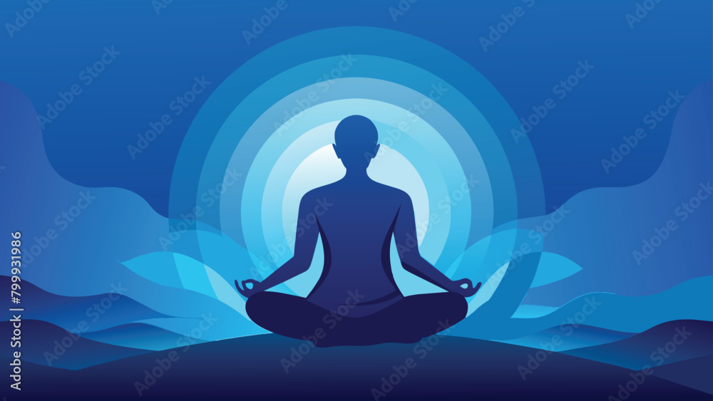 Silhouette meditating in a serene blue landscape, vector cartoon illustration.
