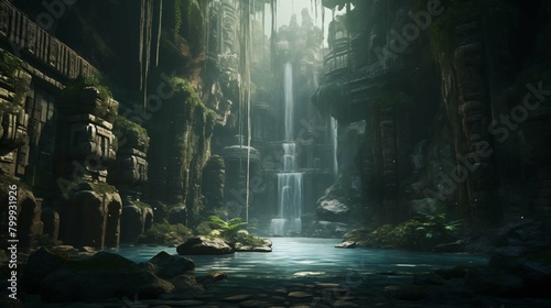 Tranquil waterfall temple ruins shrouded in mist illustration. Enigmatic structures. Ancient architecture wallpaper scene artwork. Serene ambiance background image digital art concept