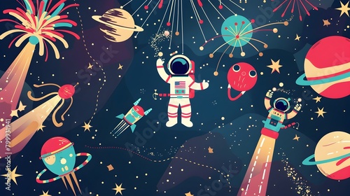 Festive Space with Astronauts and Aliens Enjoying Cosmic Fireworks