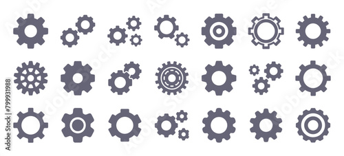 Gears glyph flat icons. Vector solid pictogram set included icon as cogwheels silhouette illustration for settings.