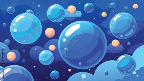 Blue soap bubbles vector cartoon illustration.