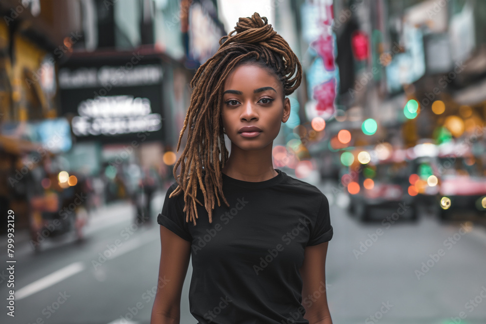 African American female model with dreadlocks - black t-shirt mockup - blurred city background - fashion posture African American female model with dreadlocks - black t-shirt mockup - blurred city background - fashion posture
