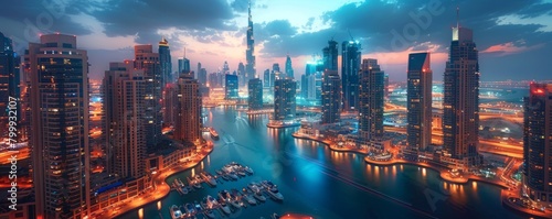 Aerial view of Dubai Marina at night, United Arab Emirates. © Coosh448
