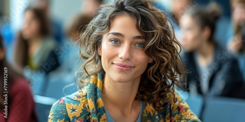 radiant female teacher with a floral cardigan in a bustling university lecture hall looking at camera