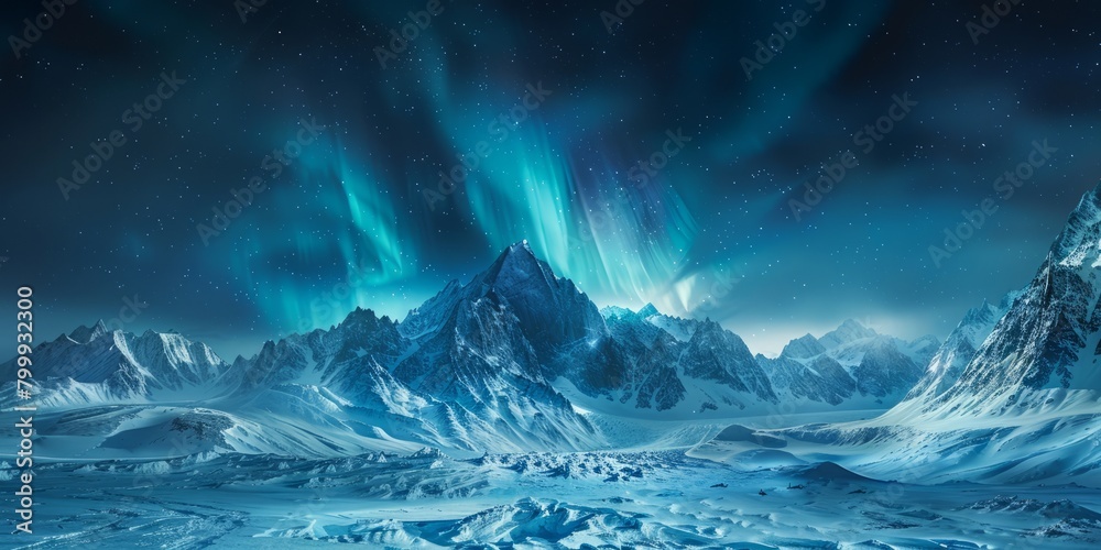 Blue Aurora Sky over Snow covered Mountains. Majestic Northern Lights Wallpaper with copy-space.