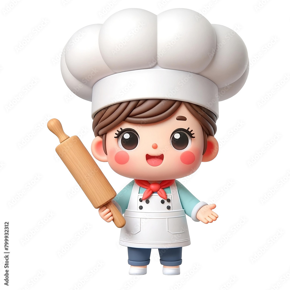 Digital illustration of a cheerful animated young chef with a rolling pin, sporting a classic white chef's hat and apron, isolated on black. Digital illustration of a cheerful animated young chef with a rolling pin, sporting a classic white chef's hat and apron, isolated on black.