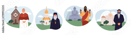 Religious denominations. Different directions clergymen. Christianity church. Judaism or Buddhism religions. Catholic or orthodox priests. Hinduism preacher. Jew rabbi. Garish vector set
