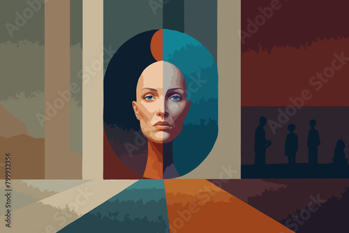 Portarit eines Frauenkopfes in Frontalansicht. Geometrische Elemente. Vektorgrafik