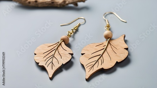:A pair of dangle earrings featuring delicate leaf-shaped pendants made from solid wood. photo