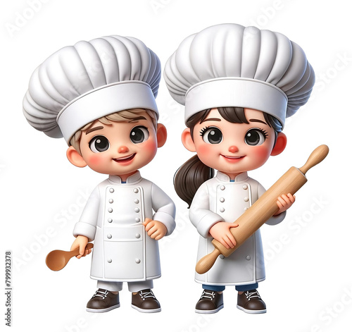 Animated illustration of a cartoon boy and girl dressed as chefs, each holding a kitchen utensil, standing together with joyful expressions, isolated on black.
