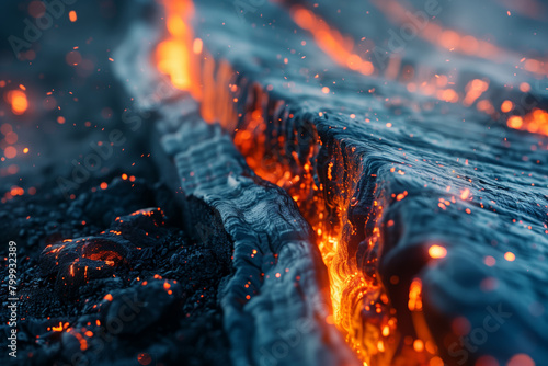 Molten lava flowing in a volcanic landscape, power of nature, hell, inferno apocalypse concept