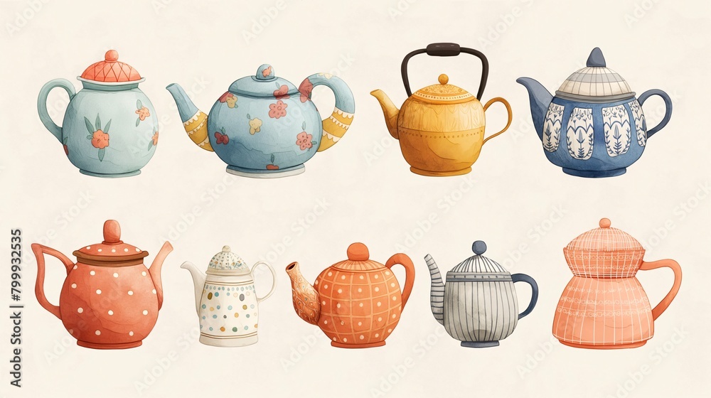 Colorful Teapot Array in Feminine Sticker Art Style