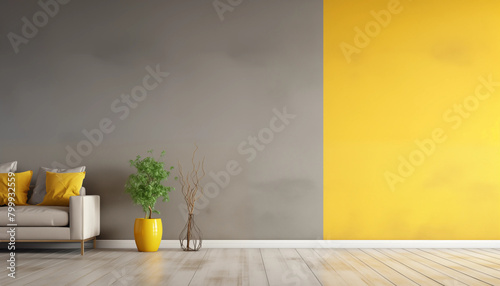 Modern living room interior with yellow wall and gray sofa photo