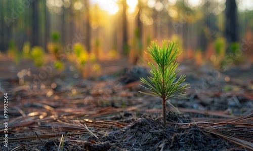 A seedling longleaf pine grows in a clearing among a managed longleaf pine forest in Francis Marion National Forest, South Carolina photo