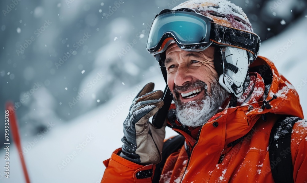Portrait of happy man while up on ski slope, wearing helmet and goggles, talking on his cell phone.. Zillertal, Austria Portrait of happy man while up on ski slope, wearing helmet and goggles, talking on his cell phone.. Zillertal, Austria