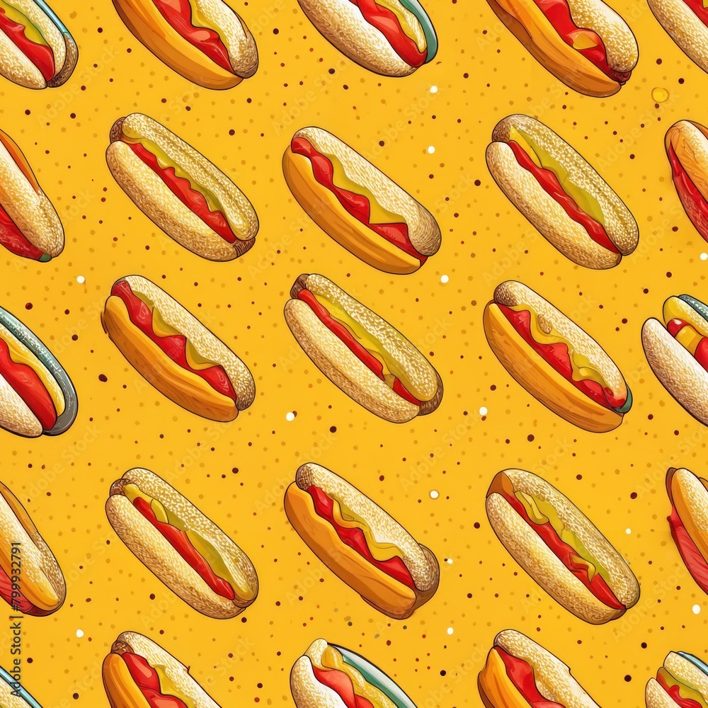 Seamless pattern of savory hot dogs topped with mustard, ketchup, and relish, Generative AI