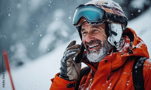 Portrait of happy man while up on ski slope, wearing helmet and goggles, talking on his cell phone.. Zillertal, Austria © Coosh448