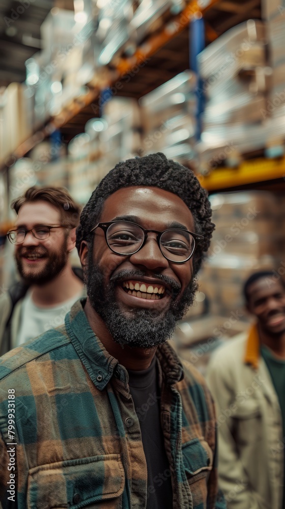 Group portrait of mixed race men working in warehouse laughing Group portrait of mixed race men working in warehouse laughing